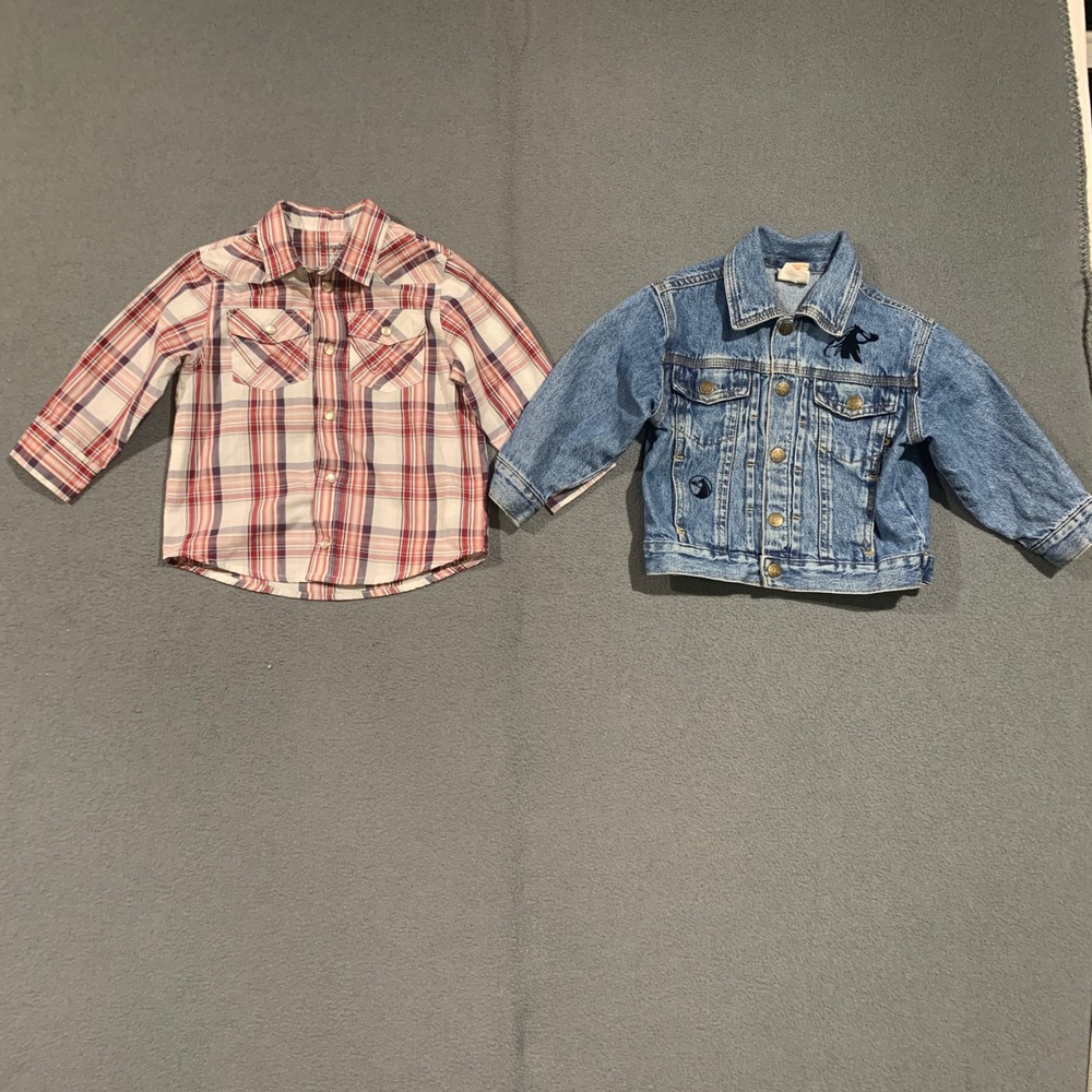 Wrangler Plaid Shirt and Faded Glory Horse Denim Jacket Set Kids 24M 2T Western